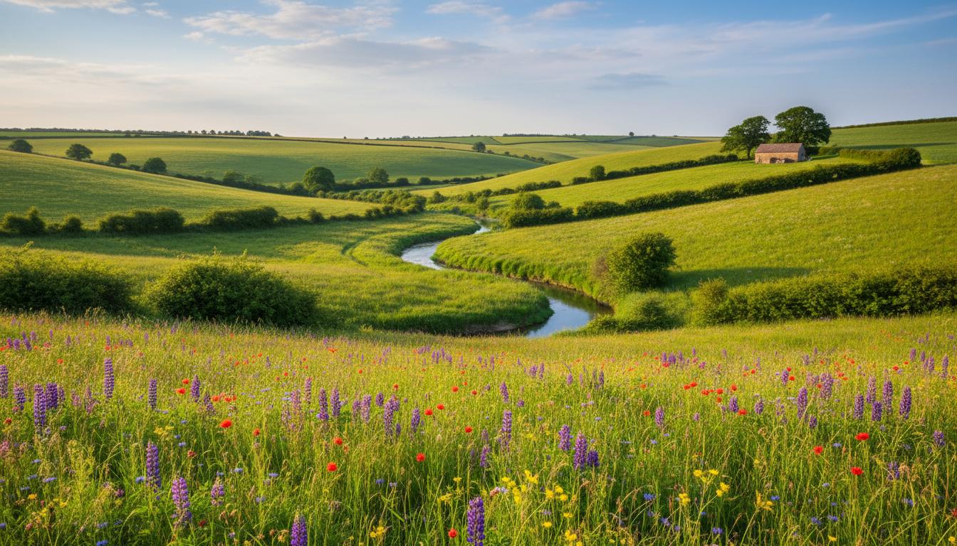 Wildflower meadows and chalk stream in the Piddle Valley, Dorset